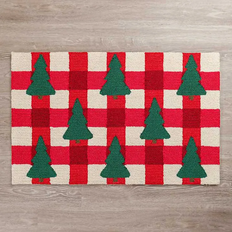 Outlet Gingham Trees Hooked Floor Mat Christmas Decorations