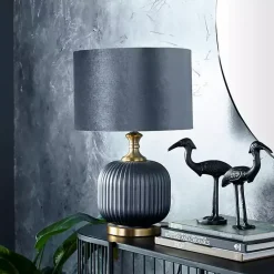 Kirklands Home Table Lamps|Glass Base Round Velvet Shade Table Lamp Blue