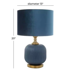 Kirklands Home Table Lamps|Glass Base Round Velvet Shade Table Lamp Blue