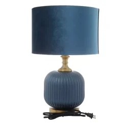 Kirklands Home Table Lamps|Glass Base Round Velvet Shade Table Lamp Blue