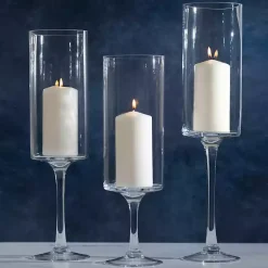 New Glass Stem Hurricanes, Set of 3 Candle Holders