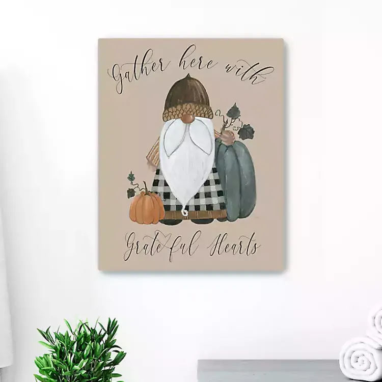 Gnome Pumpkin Grateful Hearts Giclee Canvas Print Fall