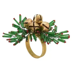 Kirklands Home Kitchen Accessories|Gold Bells and Holly Napkin Rings, Set of 4