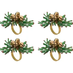 Kirklands Home Kitchen Accessories|Gold Bells and Holly Napkin Rings, Set of 4