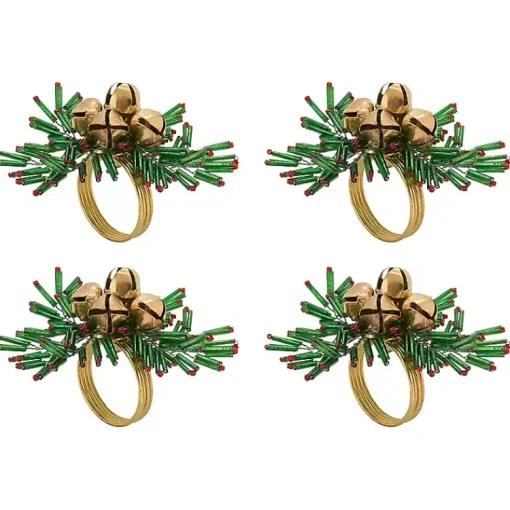 Kirklands Home Kitchen Accessories|Gold Bells and Holly Napkin Rings, Set of 4