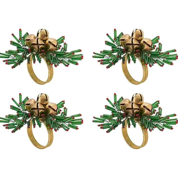 Kirklands Home Kitchen Accessories|Gold Bells and Holly Napkin Rings, Set of 4