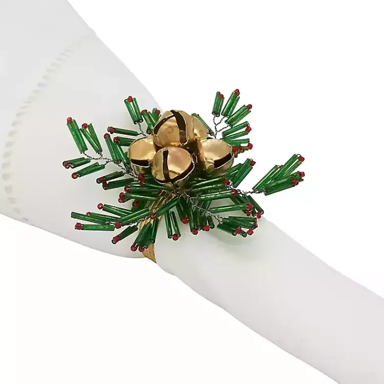Kirklands Home Kitchen Accessories|Gold Bells and Holly Napkin Rings, Set of 4