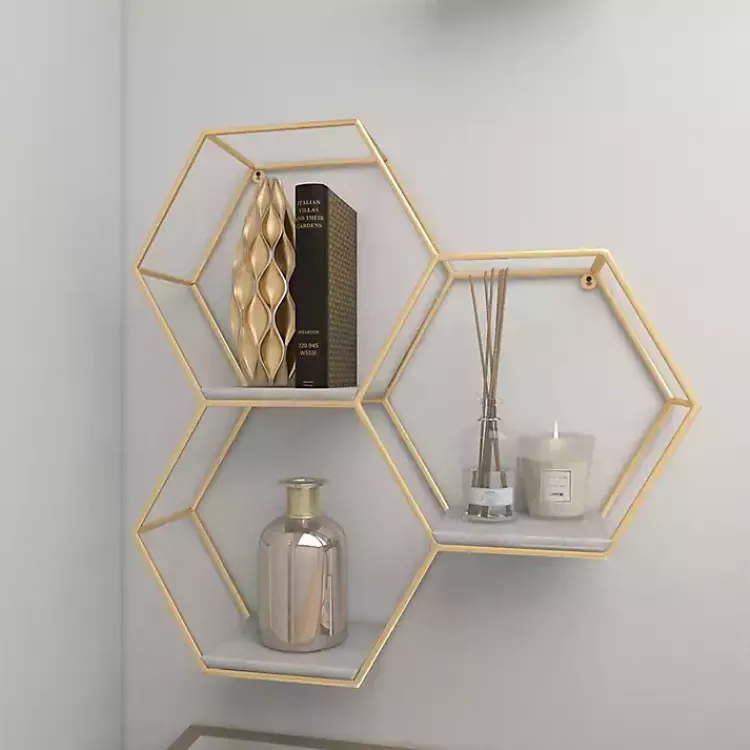 Kirklands Home Shelves|Frame Marble Honeycomb Wall Shelf Gold