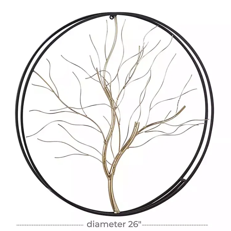 Kirklands Home Wall Plaques|Gold Iron Leaf-Less Tree Round Frame Wall Plaque Black