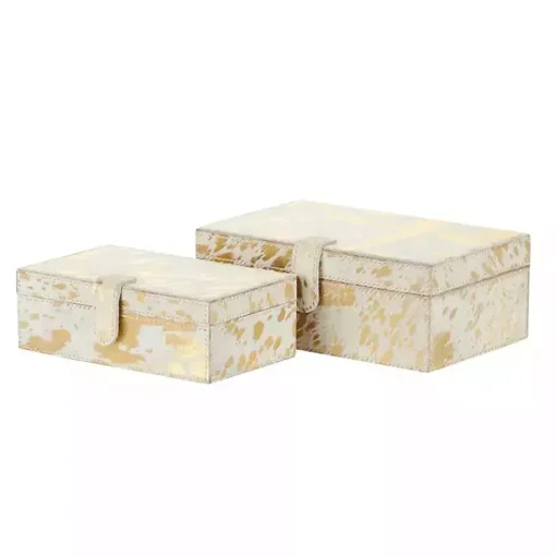 New Gold Leather Hide Rustic 2-pc. Box Set Baskets & Boxes