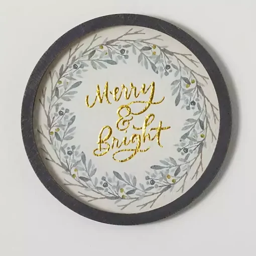 Gold Merry and Bright Round Framed Art Print Christmas Decorations