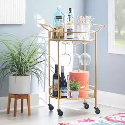 Kirklands Home Kitchen Islands & Bar Carts|Gold Metal Frame Bar Cart with Mirrored Shelves