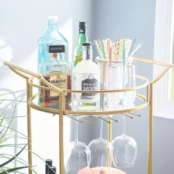 Kirklands Home Kitchen Islands & Bar Carts|Gold Metal Frame Bar Cart with Mirrored Shelves