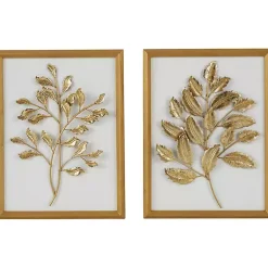 Kirklands Home Wall Plaques|Gold Metal Leaves Framed Wall Plaques, Set of 2