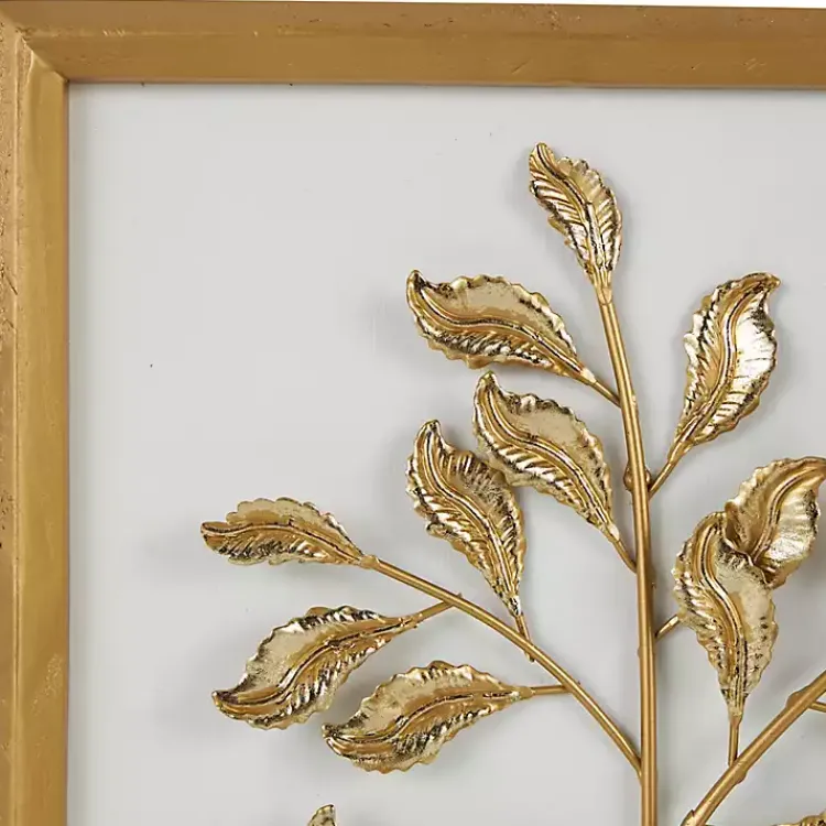 Kirklands Home Wall Plaques|Gold Metal Leaves Framed Wall Plaques, Set of 2