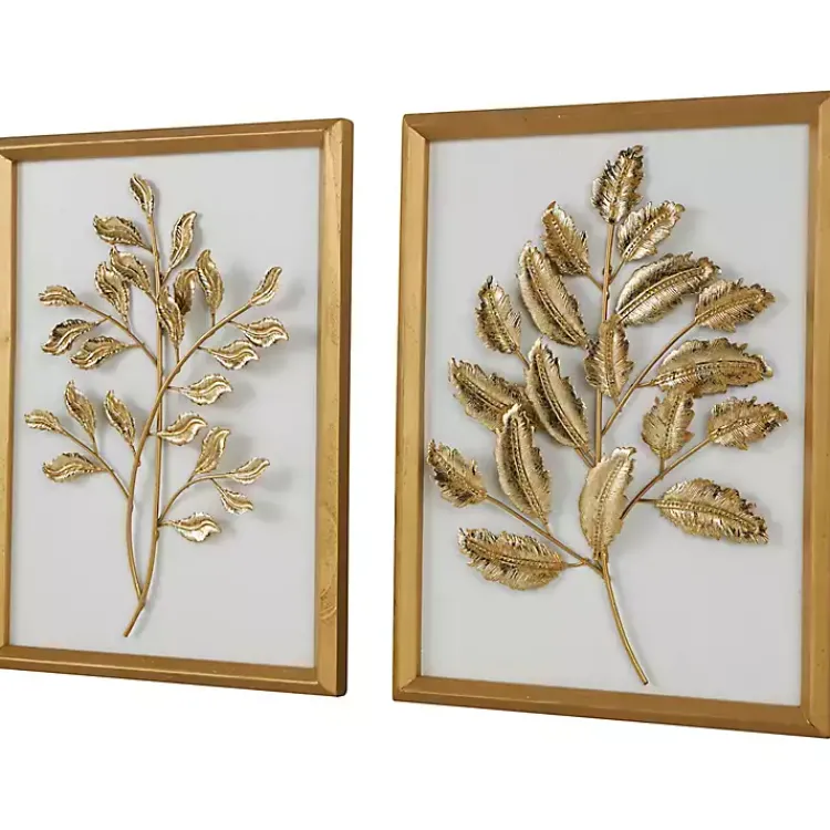 Kirklands Home Wall Plaques|Gold Metal Leaves Framed Wall Plaques, Set of 2