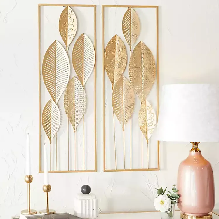 Kirklands Home Wall Plaques|Metal Leaves Wall Plaques, Set of 2 Gold