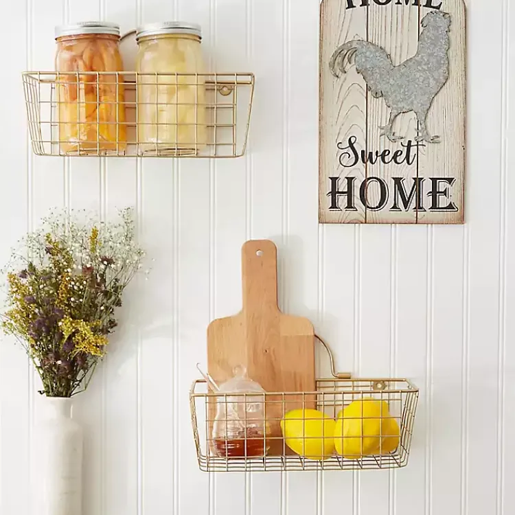 Kirklands Home Wall Storage|Gold Metal Wire Cage Wall Baskets, Set of 2