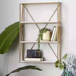Kirklands Home Shelves|Gold X-Frame Daisy White Wood Wall Shelf