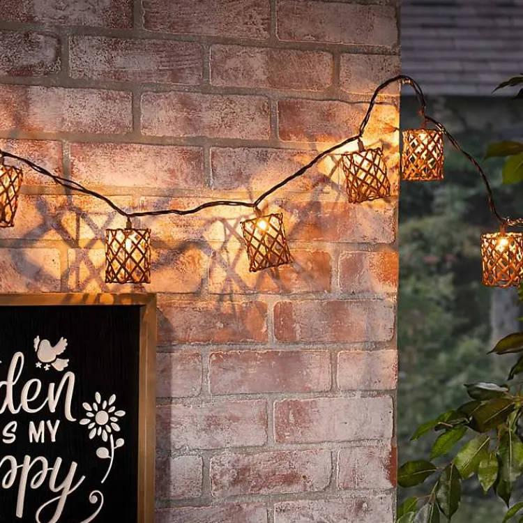 Kirklands Home Outdoor Lighting|Golden Brown Rattan Weave Outdoor String Lights