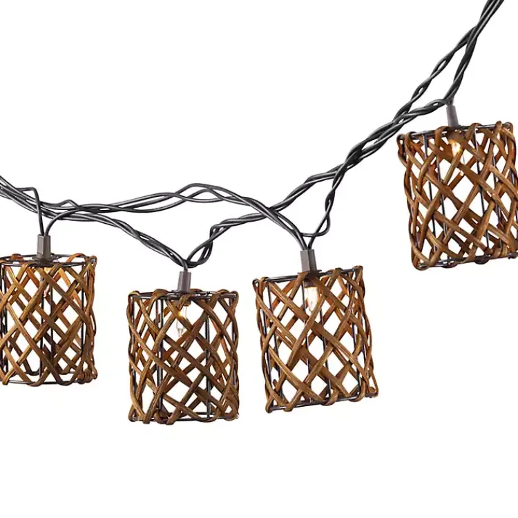 Kirklands Home Outdoor Lighting|Golden Brown Rattan Weave Outdoor String Lights