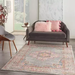 Kirklands Home Area Rugs|Gray & Pink Central Motif Botanical Area Rug, 5x7