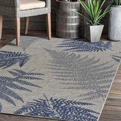 Kirklands Home Outdoor Rugs|Gray and Navy Falling Ferns Outdoor Area Rug, 5x7