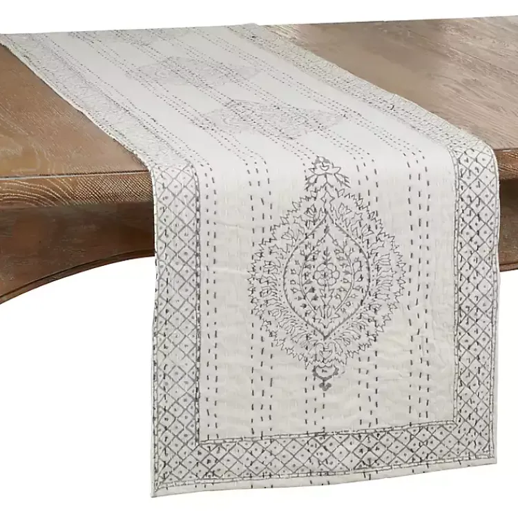 Kirklands Home Table Linens|Gray and White Kantha Stitch Table Runner