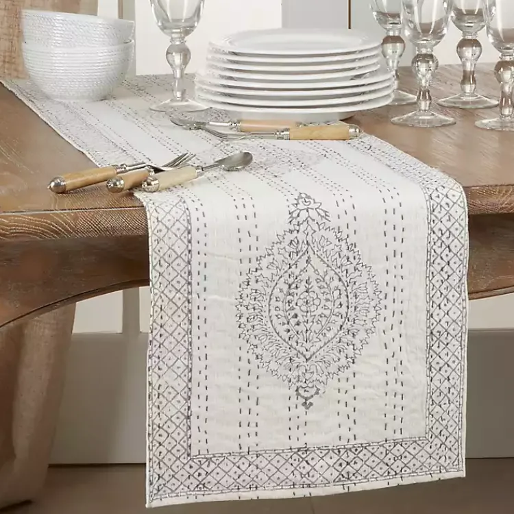 Kirklands Home Table Linens|Gray and White Kantha Stitch Table Runner