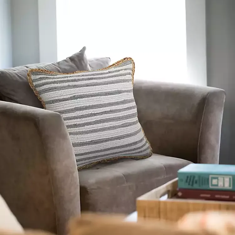 Gray and White Stripped Jute Border Accent Pillow Pillows