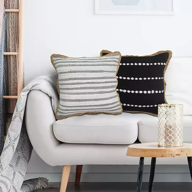 Gray and White Stripped Jute Border Accent Pillow Pillows