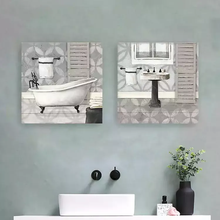 Kirklands Home Canvas Art|Gray Bath and Sink Canvas Art Prints, Set of 2