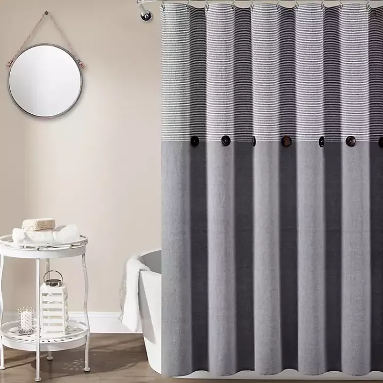 Kirklands Home Shower Curtains|Button and Stripe Shower Curtain Gray