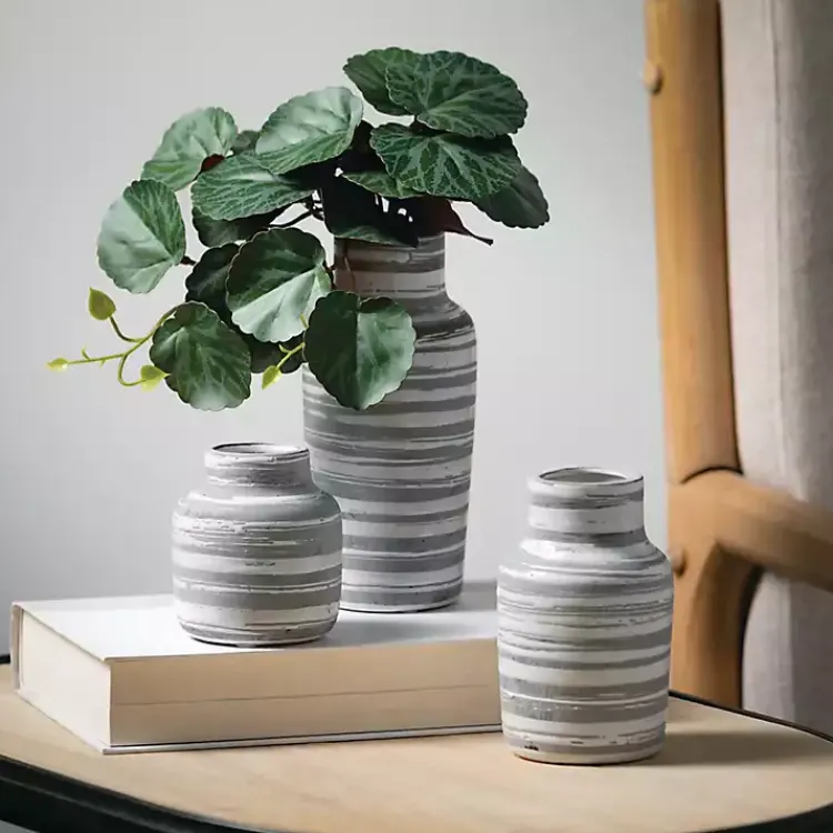Sale Gray Ceramic Striped Bottle Shaped Vases, Set of 3 Vases