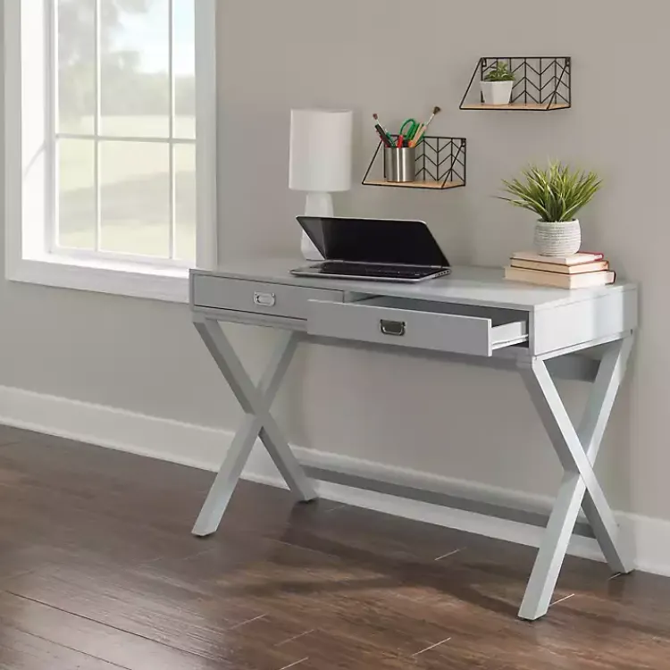 Kirklands Home Office Furniture|2-Drawer X-Frame Desk Gray