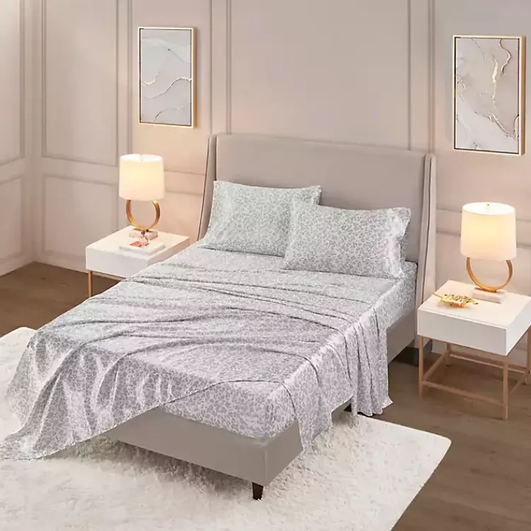 Kirklands Home Bed Sheets|Gray Leopard Print Satin 4-pc. Queen Sheet Set