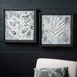 Kirklands Home Wall Plaques|Gray Metal Raised Leaf Wall Plaques, Set of 2