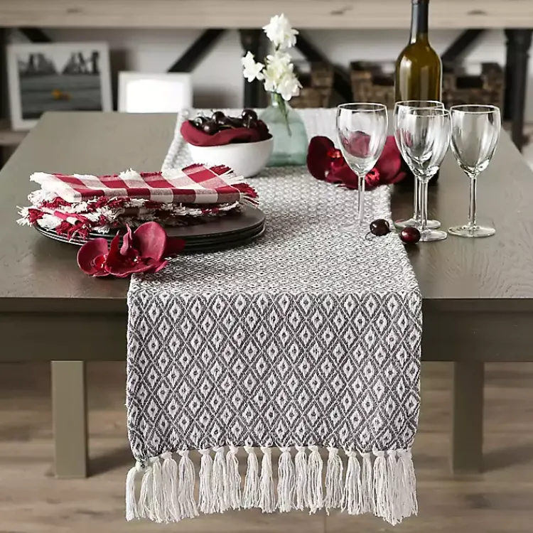 Kirklands Home Table Linens|Mini Diamond Fringe End Table Runner, 108 in. Gray