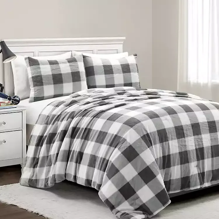 Kirklands Home Comforters|Gray Plaid Faux Fur 3-pc. King Comforter Set