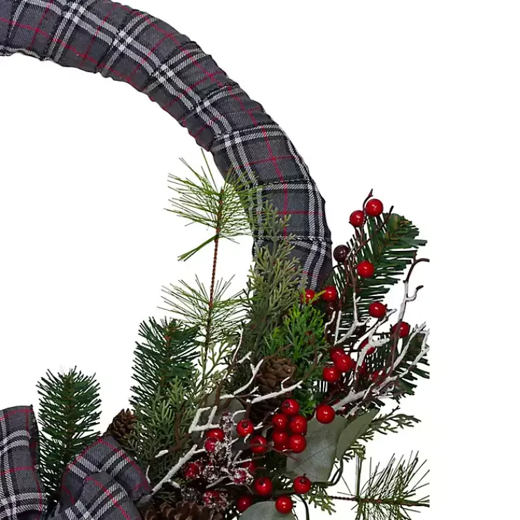 Hot Gray Plaid Pine and Berries Wreath Christmas Wreaths