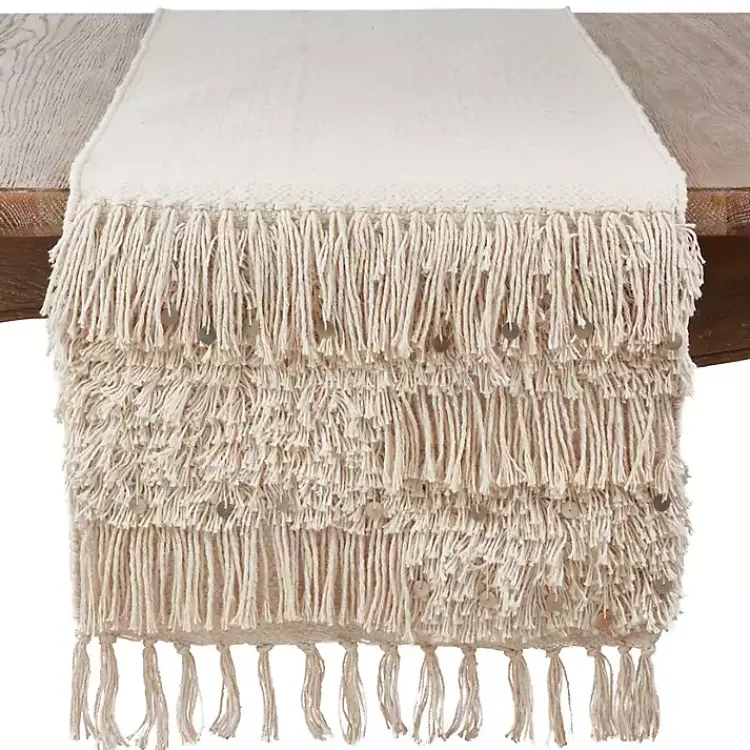 Kirklands Home Table Linens|Gray Sequin Fringe Cotton Table Runner