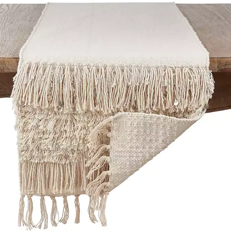 Kirklands Home Table Linens|Gray Sequin Fringe Cotton Table Runner