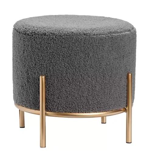 Kirklands Home Benches & Ottomans|Sherpa Upholstered Round Ottoman Gray