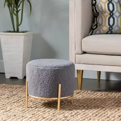 Kirklands Home Benches & Ottomans|Sherpa Upholstered Round Ottoman Gray