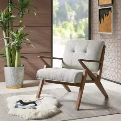 Kirklands Home Accent Chairs|Tufted Pecan Wood Mid-Century Modern Armchair Gray