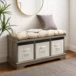 Kirklands Home Benches & Ottomans|Gray Wash Entryway Bench and Storage Bins Tan
