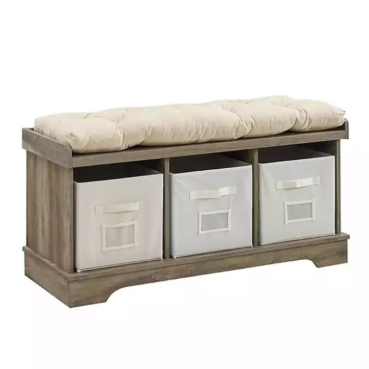 Kirklands Home Benches & Ottomans|Gray Wash Entryway Bench and Storage Bins Tan