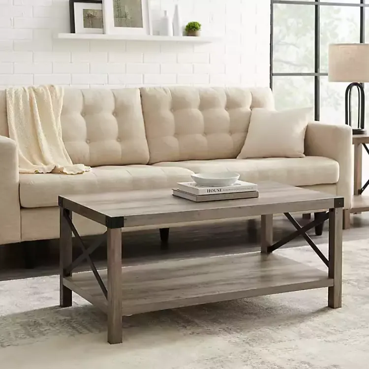 Kirklands Home Coffee Tables|Wash Industrial X-Frame Coffee Table Gray