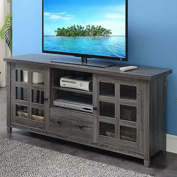 Kirklands Home Tv Stands & Media Consoles|Wood 2-Door Windowpane Media Cabinet Gray