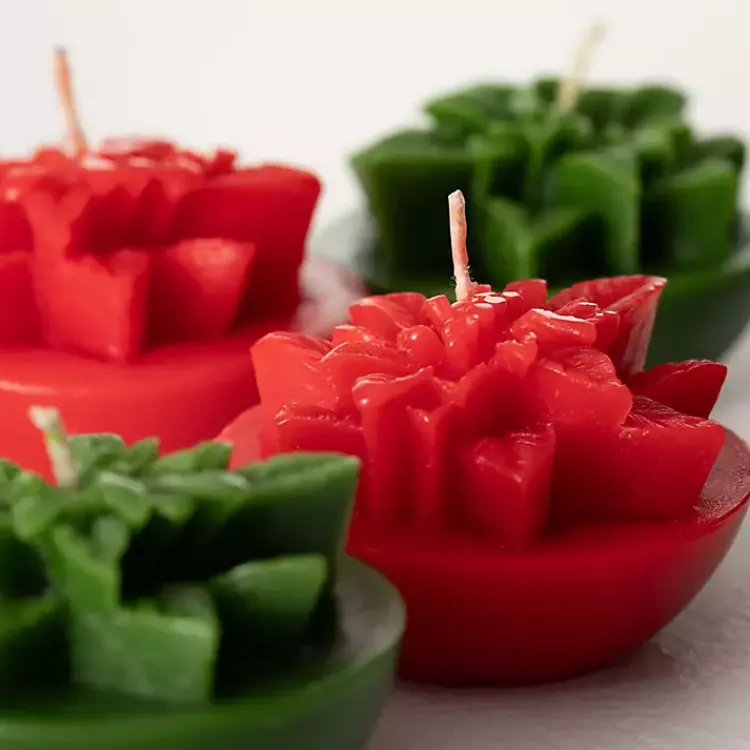 Hot Green & Red Poinsettia Candles, Set of 4 Christmas Decorations
